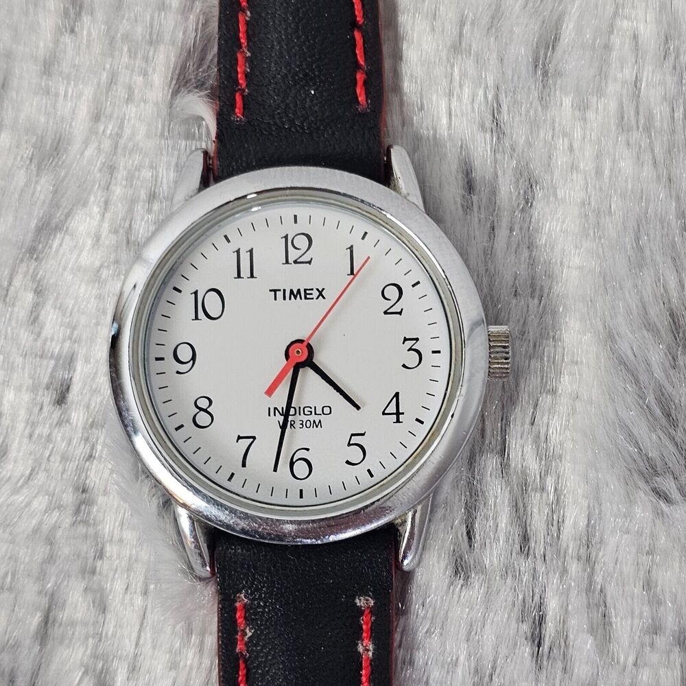 Timex Indiglo Watch Men Silver Stainless Steel WR Black Leather Battery Light 12